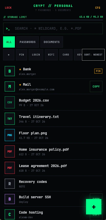 Operator Crypt: Passwords and documents in one vault